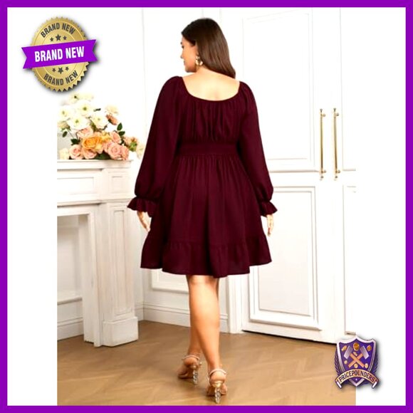 Plus Size Long Sleeve Smocked Square Neck A-Line Mini Dress - Picture 6 of 7